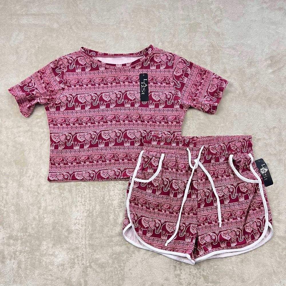 LA 12st Womens Elephant Print 2 Piece Set Crop Top Shorts Burgundy White S/M